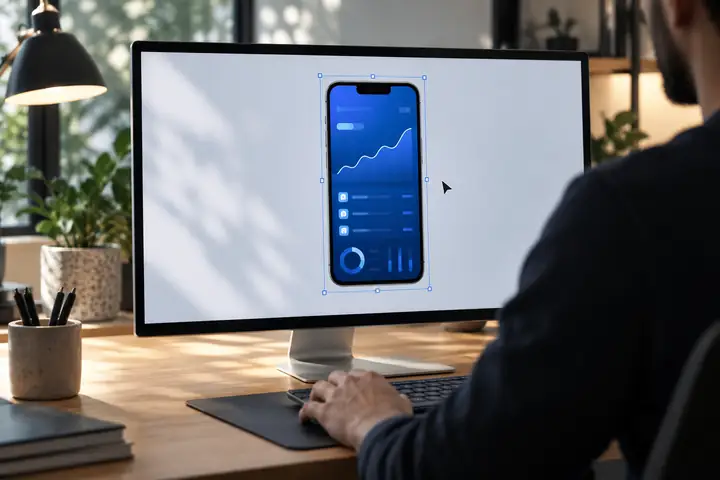A blue mobile finance interface selected on a pale gray design canvas, with precise editing handles and a cursor nearby.