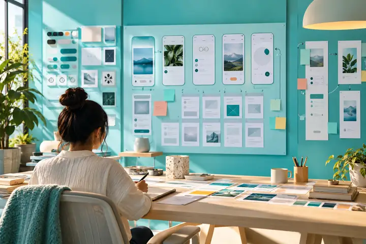 A wide aqua design workspace showing organized app components, screen notes, and a clear handoff view.