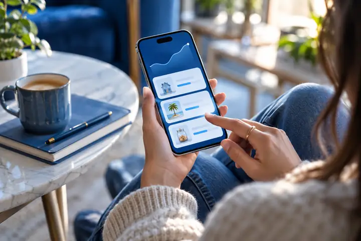 A polished blue mobile budgeting interface with simple savings cards and generous spacing.