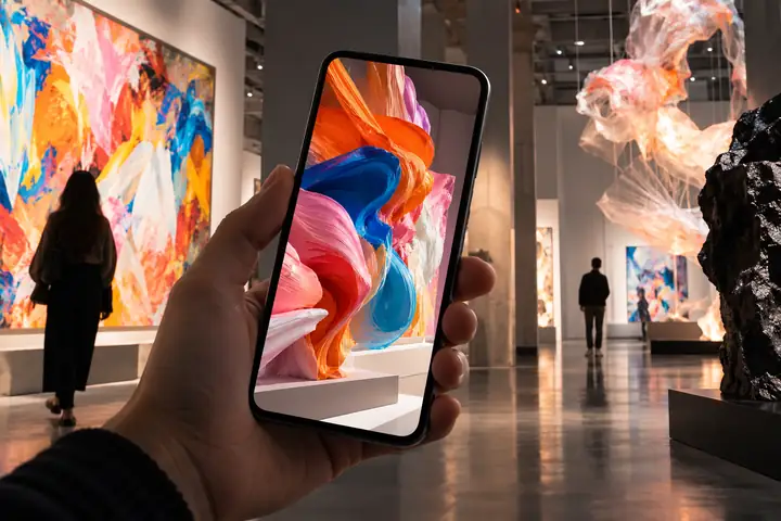 An expressive mobile exhibition guide with vivid typography and contemporary artwork.