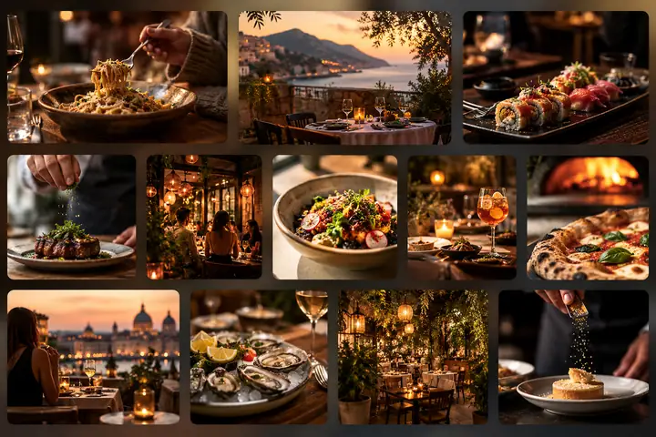 A warm editorial food discovery interface showing restaurant cards and inviting photographs.