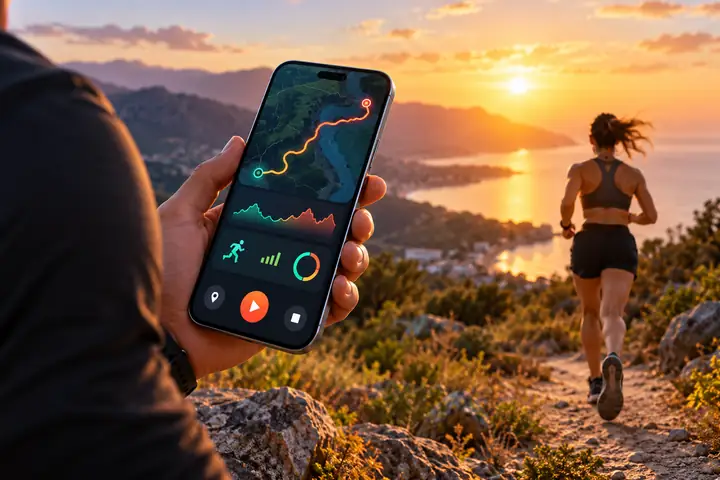 A vibrant running app interface with a route map, activity summary, and clear mobile controls.