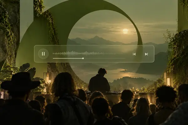 A moss-green music event design with large type and a translucent audio control panel.