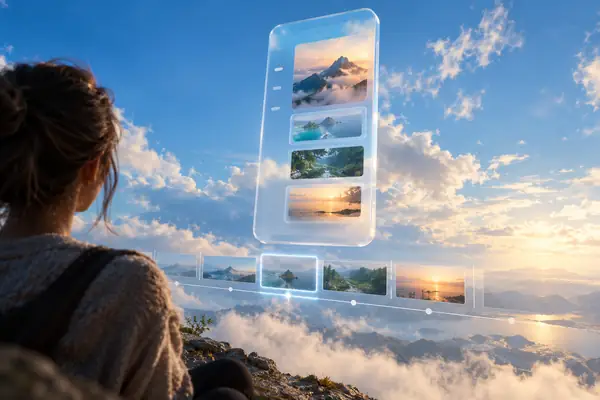 A translucent mobile navigation prototype floating over a blue sky, with a timeline below.