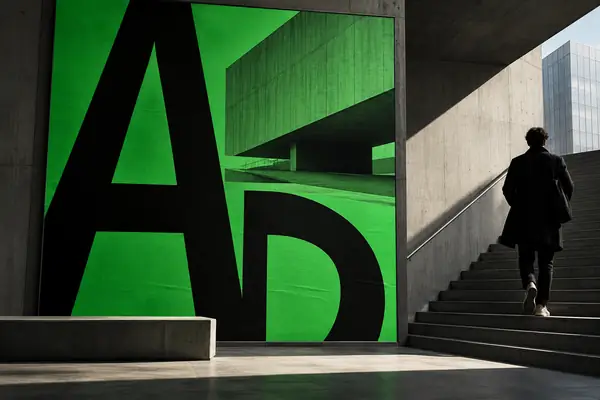 Bold black display typography across a green event poster and an architectural photograph.