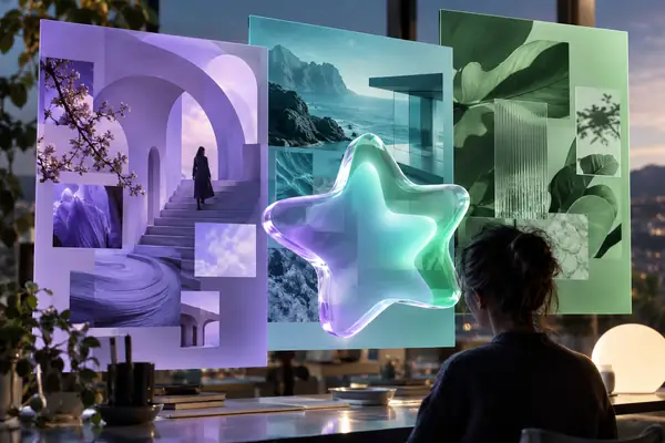 Layered editorial app design posters in violet, teal, and sea green, with a translucent star-shaped interface tile in front.
