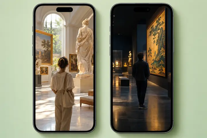 Two detailed mobile exhibition app screens displayed side by side on a pale green design canvas, one bright and one dark.