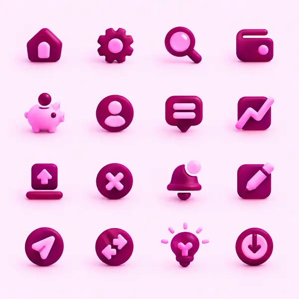 A grid of expressive purple and pink interface icon variations.