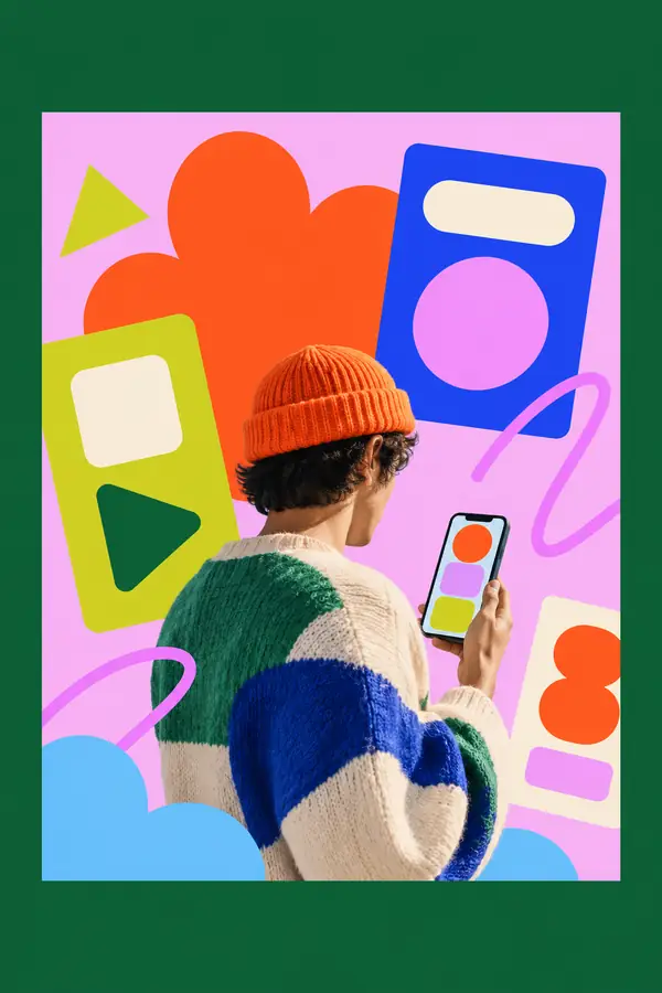 Bold promotional web graphics with colorful display typography.