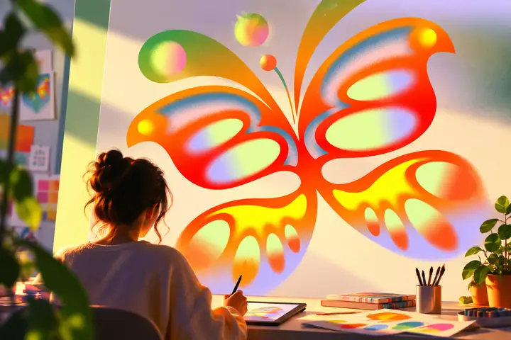 Colorful butterfly illustration arranged on a bright canvas.