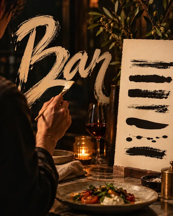 Editorial restaurant design with brush controls beside expressive lettering.