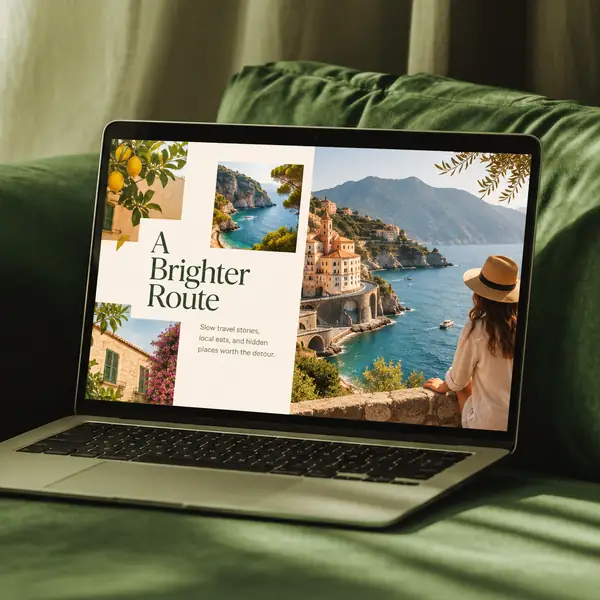 Laptop showing a colorful editorial travel website.