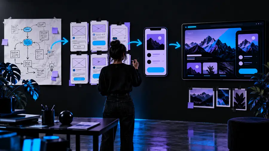A structured app design concept shown as connected interface screens